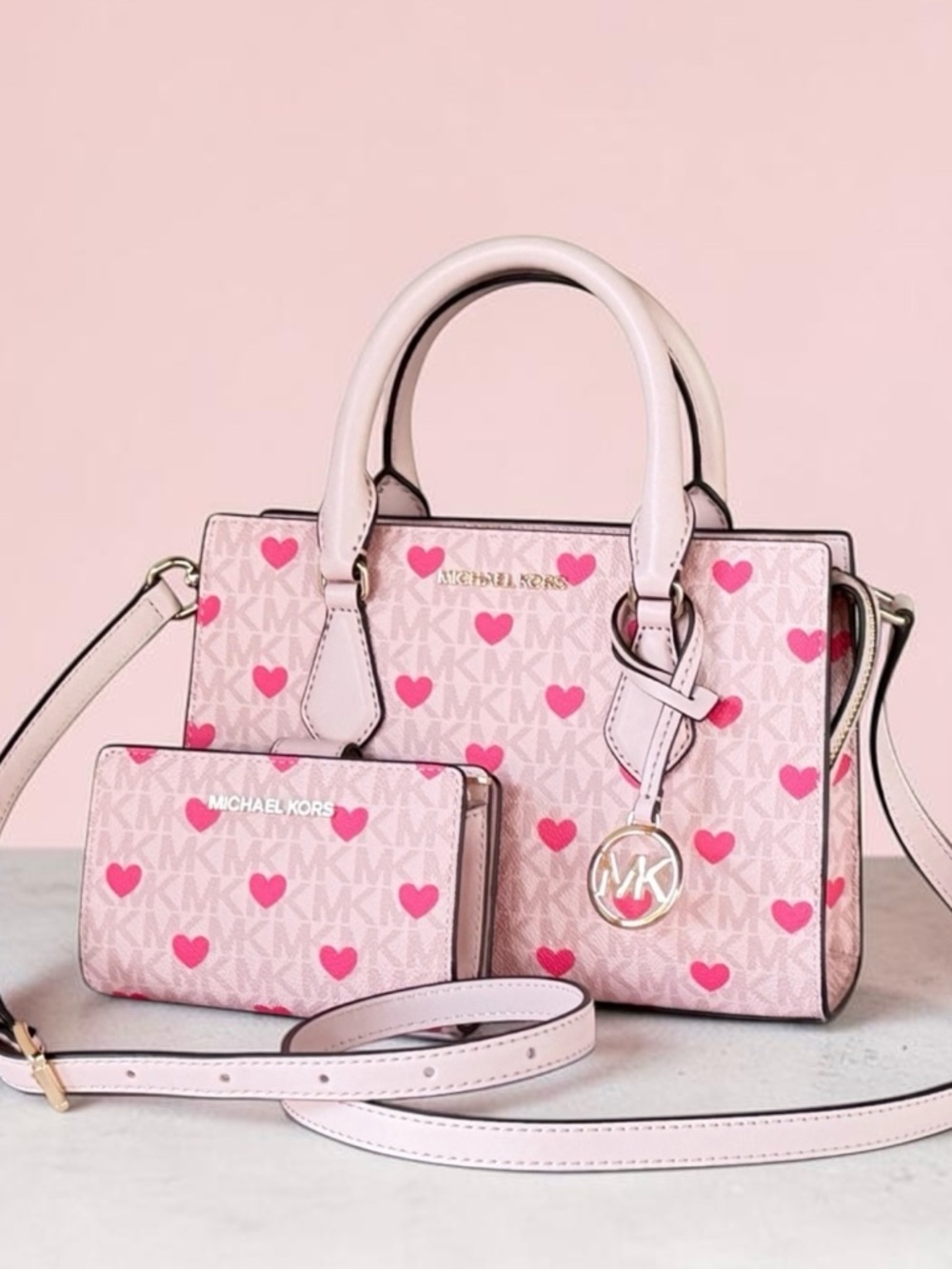 Michael Kors Pink Heart-Print Satchel and Wallet Set